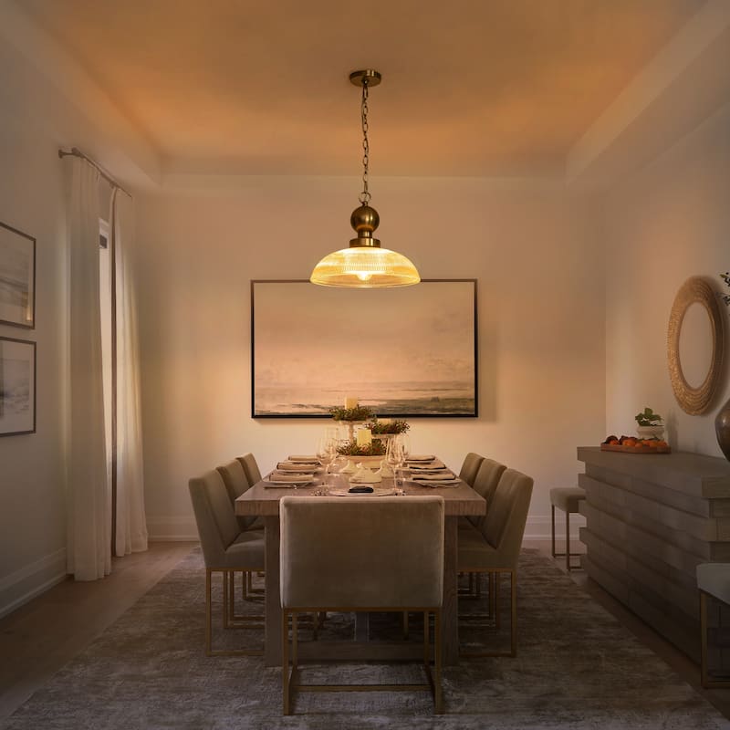 1-Light Gold Pendant Light Shallow Half-Dome Textured Grid Glass Shade - Dia.15.75-in