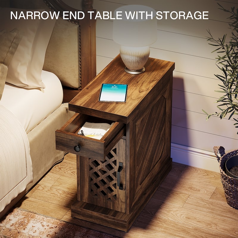 23 Inches Side Table with Drawer and Cabinet, Vintage Brown