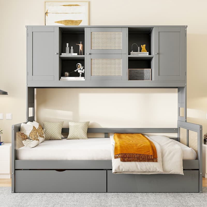 Wooden Daybed With 2 Drawers and All-in-One Cabinet and Shelf - Grey - Twin