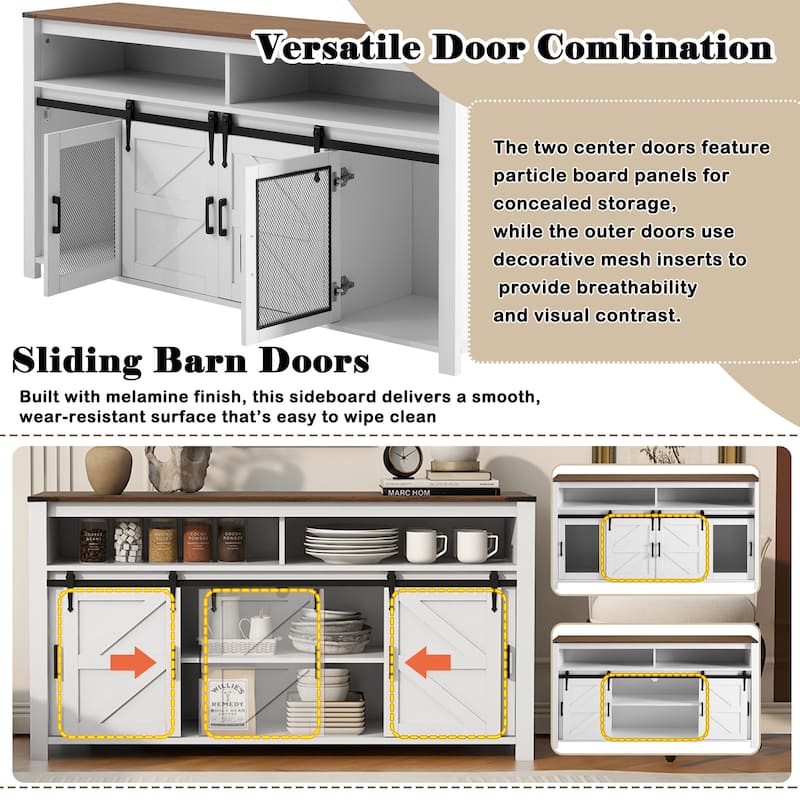 59.3" Farmhouse Sideboard with Sliding Barn Doors & Mesh Panels, Buffet Cabinet with Open Storage for Kitchen or Living Room