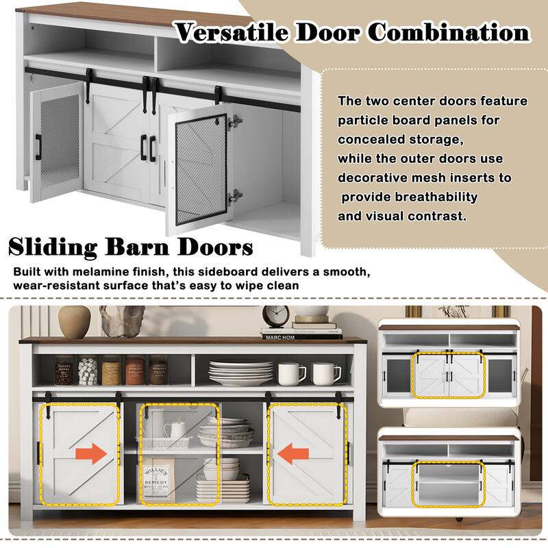 Sideboard Buffet Cabinet with Sliding Barn Doors & Open Shelf, Coffee Bar Storage Cabinet with Mesh Doors & Adjustable Shelf