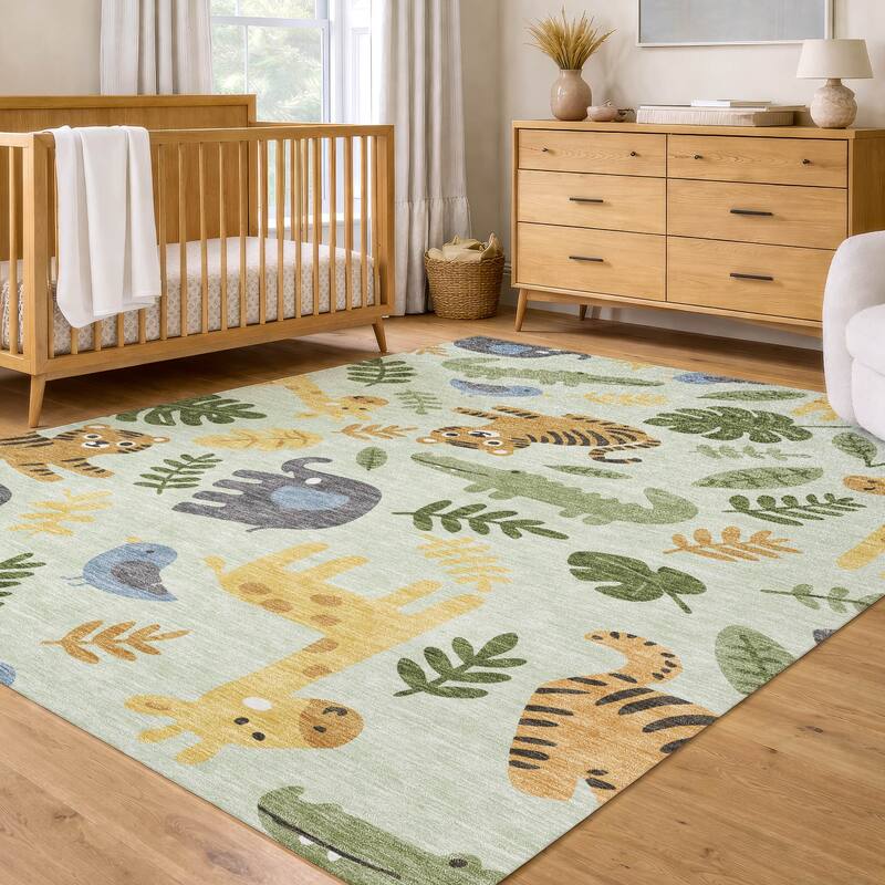 Machine Washable Indoor/ Outdoor Whimsy Safari Animals Chantille Rug