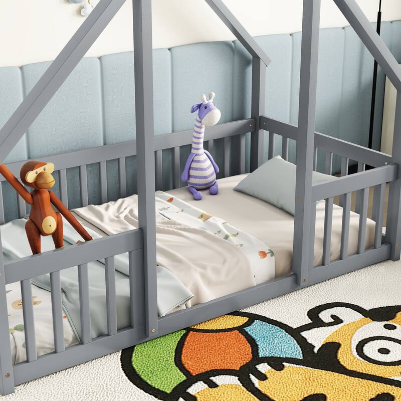 Twin Wood House-Shaped Floor Bed Frame with Fence,Guardrails,No Box Spring Needed,for Living Room