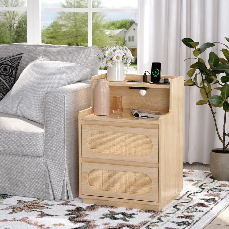 Oak Nightstand with 2 Drawers, Shelf, Socket & Rattan Detail