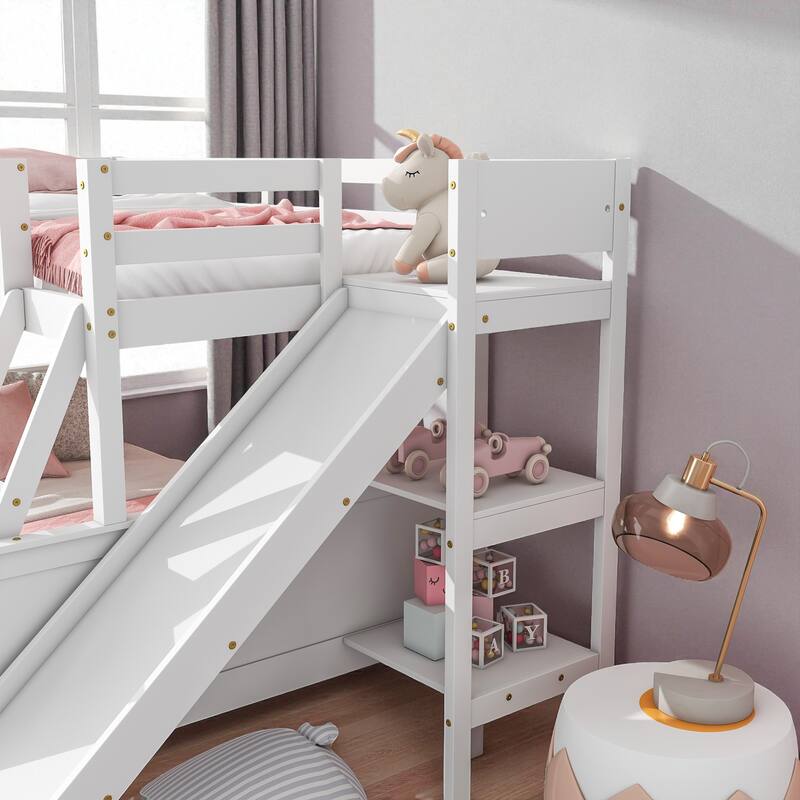 Twin Over Full Rubber Wood Bunk Bed with Slide, 2 Drawers, Shelves and Ladder, Solid Wood Bunk Bed for Kids