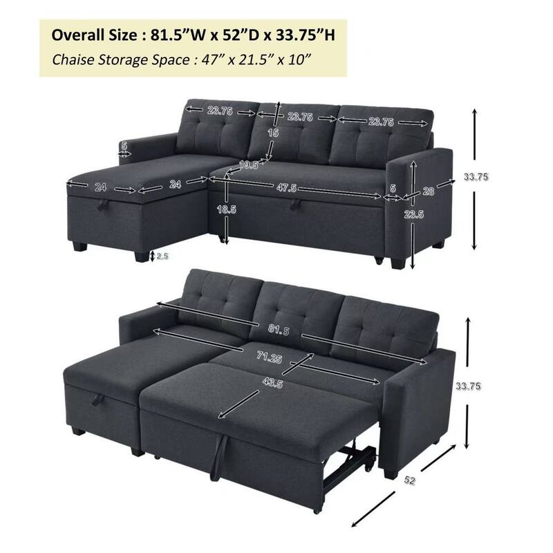 Upholstered Pull Out Sectional Sofa with Storage Chaise, Convertible Corner Couch