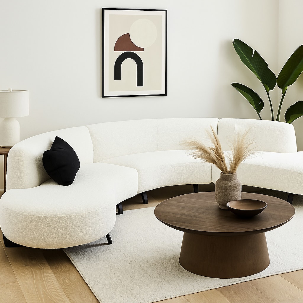 Ikka 3pc Modular Curved Sofa w Chaise, White Faux Shearling, Black Wood