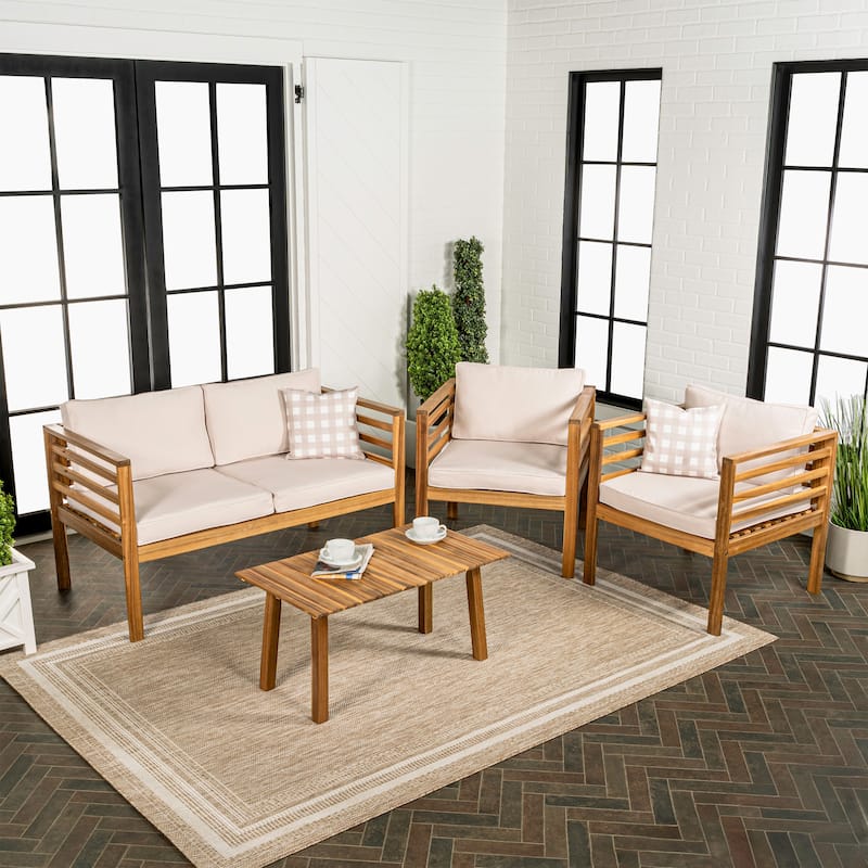 Everly 4-Piece Mid-Century Modern Acacia Wood Outdoor Patio Set with Cushions and Plaid Decorative Pillows, by JONATHAN Y