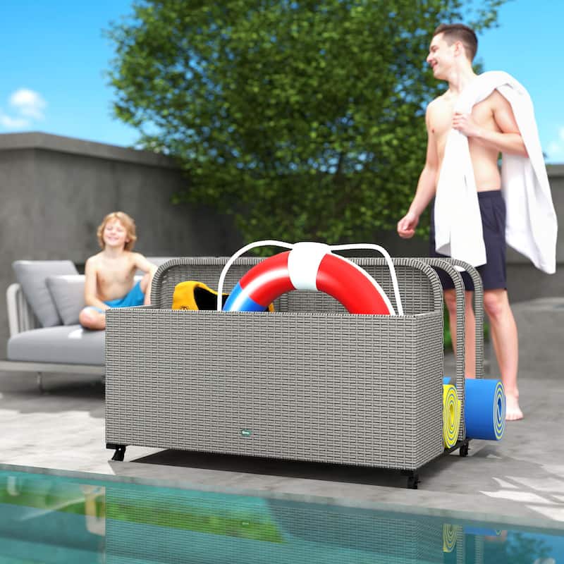 Wicker Pool Float Storage Organizer, PE Rattan Outdoor Pool Float Holder with Rolling Wheels & Storage Rack, Mixed Gray