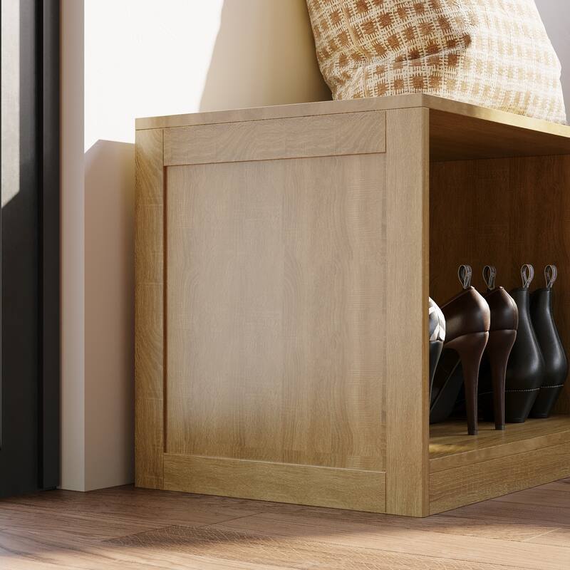 L-Shaped Entryway Bench with Open Shoe Storage, Corner Mudroom Organizer Seating, Wooden Hallway Storage Bench