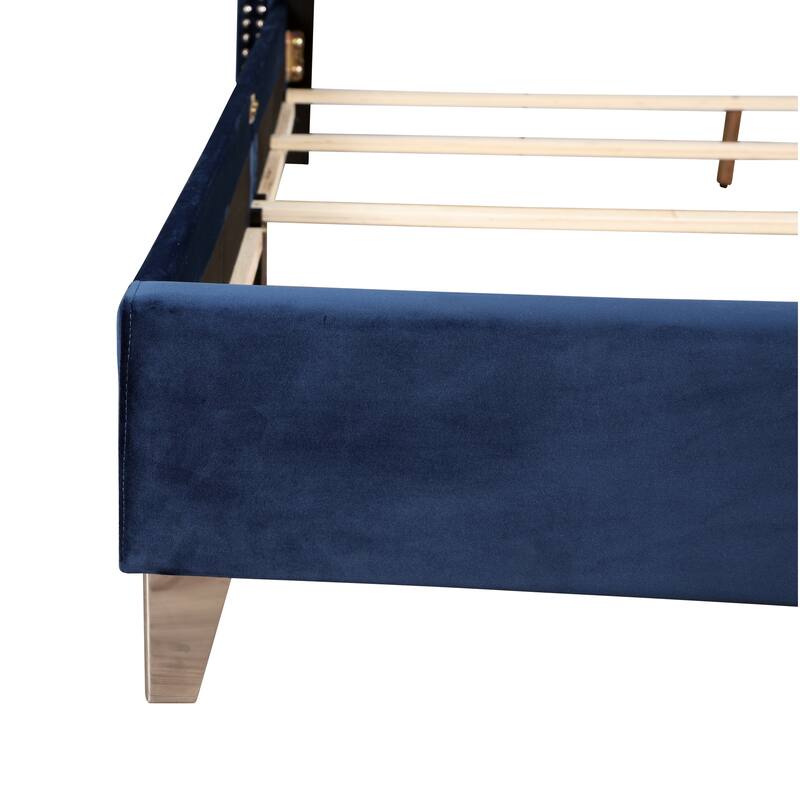 Navy Blue Upholstered Queen Bed with Transitional Style