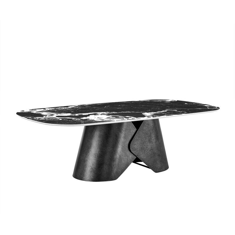 Spruce & Spring Modern Luxury Oval Ceramic Coffee Table with Black Marble Look Top and Sculptural Metal Base