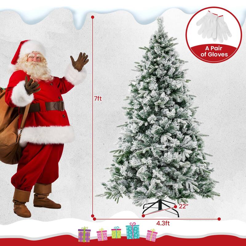 Costway 6/7 FT Pre-Lit Flocked Christmas Tree Hinged Xmas Decoration