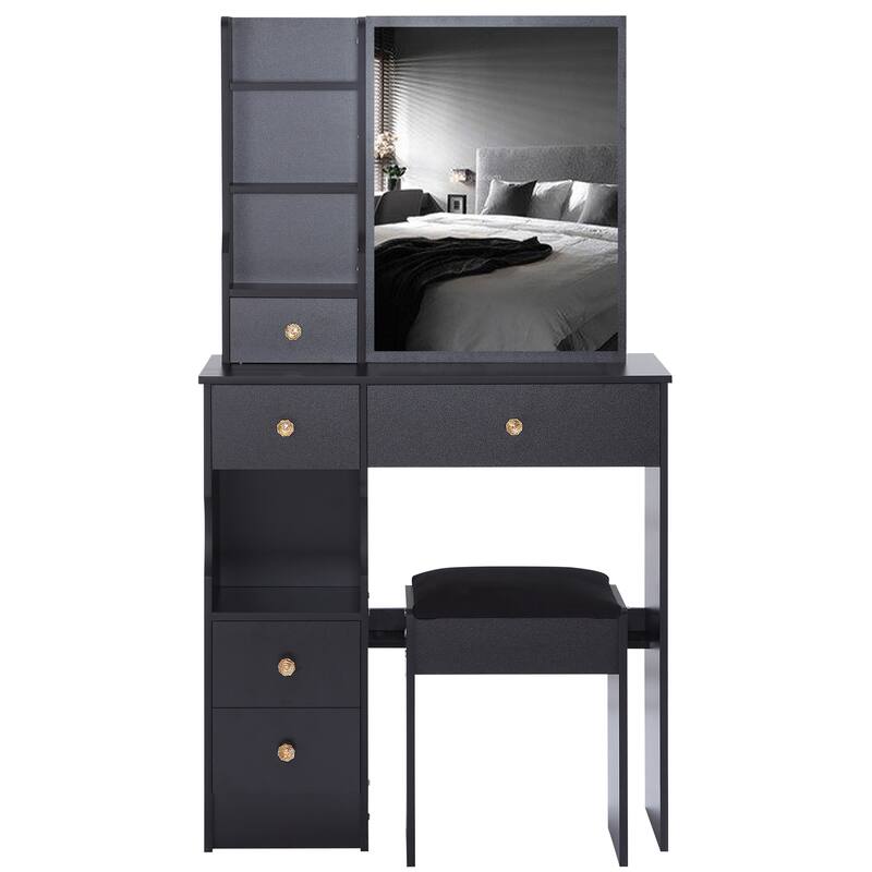 Vanity Desk with Sliding Mirror, Makeup Table with Drawer and Multi Layer Storage Rack, Vanity Set with Cushioned Stool