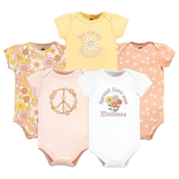 slide 1 of 1, Hudson Baby Infant Girl Cotton Bodysuits, Peace Love Flowers 5 Pack 0-3 Months - Peace Love Flowers 5 Pack