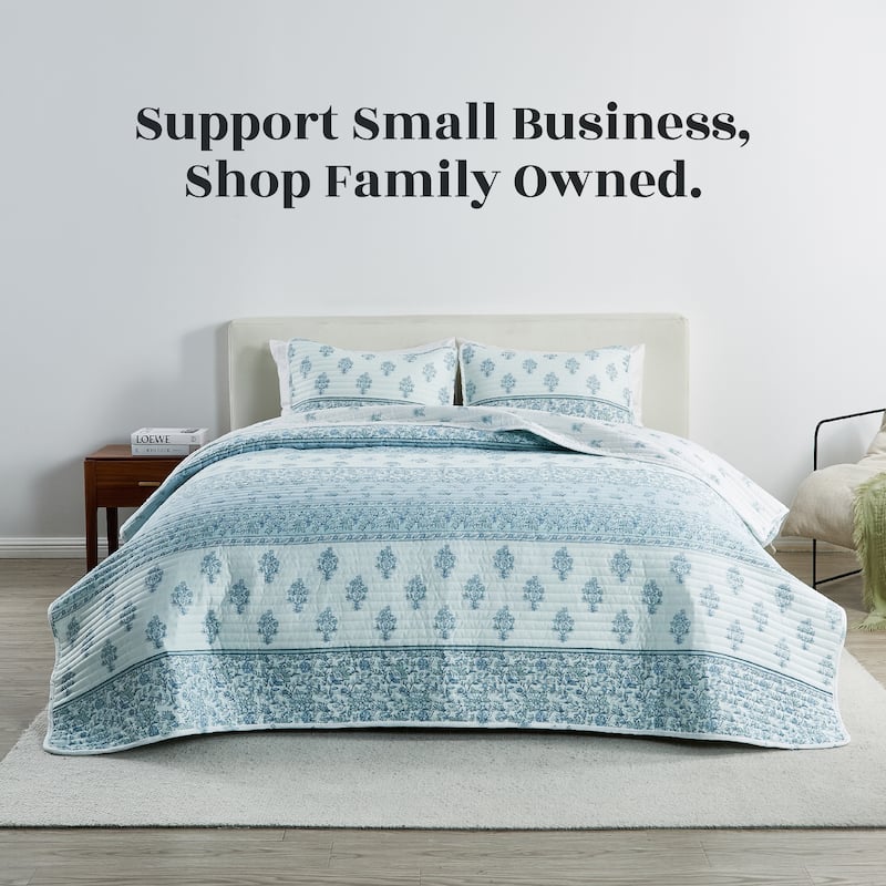 Linery & Co. Floral Stripe Printed Reversible Stitched Quilt Set with Shams
