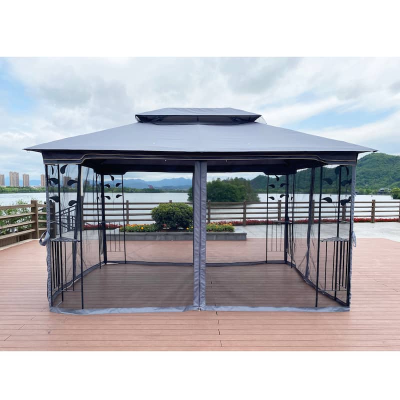 13x10 FT Patio Steel Gazebo, Canopy Tent with Ventilated Double Roof, Mosquito Netting & Privacy Screens for Garden, Backyard