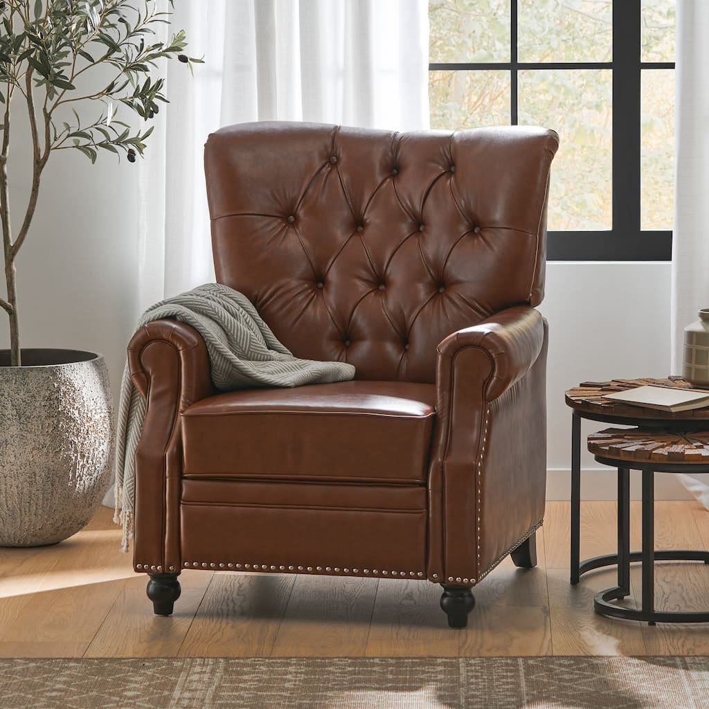 Light Brown Pu Leather Upholstered Push Back Recliner with Footrest, Button-tufted Backrest, Nailhead Accents