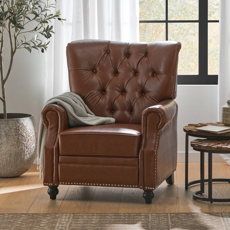 Roomfitters Recliner Chair with Button Tufting and Nailhead Trim, Push-Back Lounge Accent Chair - Light Brown