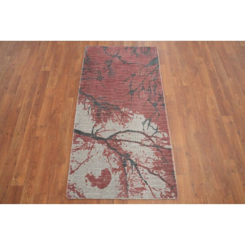 Hand Knotted Oriental Viscose Silk Carpet Modern All-Over Oranges & Rust Abstract Runner Rug - 4' 7'' X 2' 4''