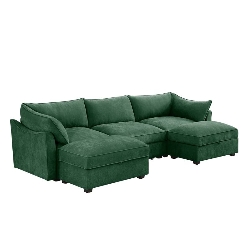 GDFStudio - Chenille U-Shaped 3-Seater 112.6" Modular Sofa with 2 Ottomans