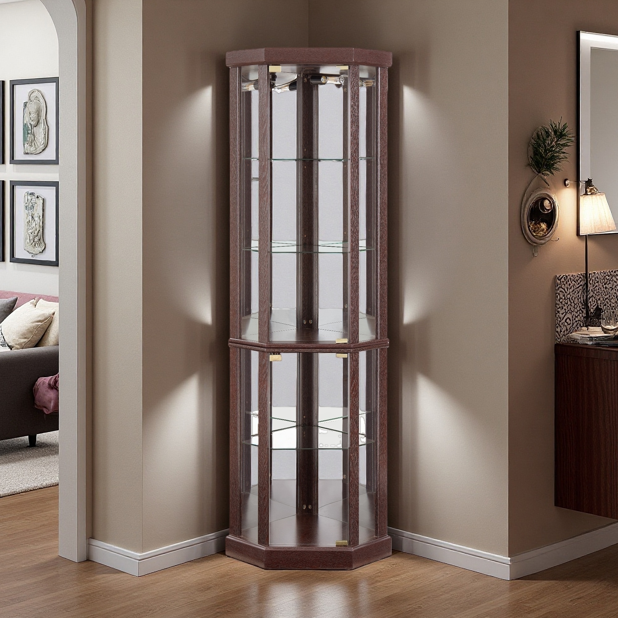 69.84"H Lighted Corner Curio Cabinet, Adjustable Shelves, Anti-Tip, LED Bulb