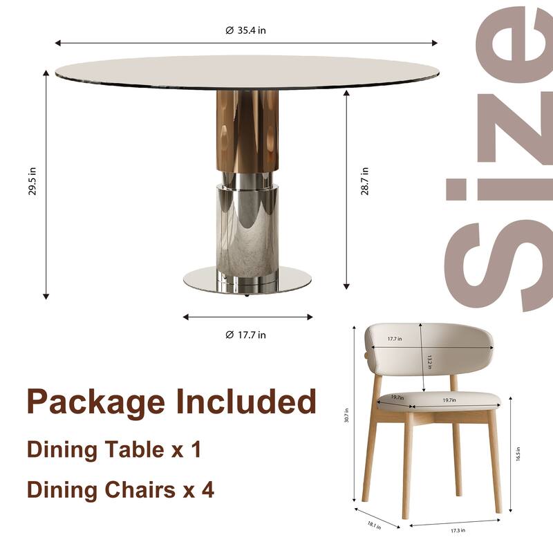 5 Piece Round Dining Table Set Tempered Glass Top Stainless Steel Base 4 Chairs