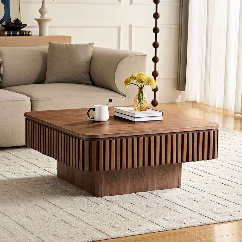 Rustic Drum Coffee Table Square Side Table with Lift Top, Walnut Sofa Table End Table for Living Room