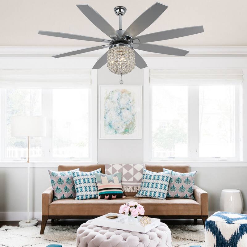 Oaks Aura 65 Inch Chrome Crystal Ceiling Fan with Light and Remote DC Motor