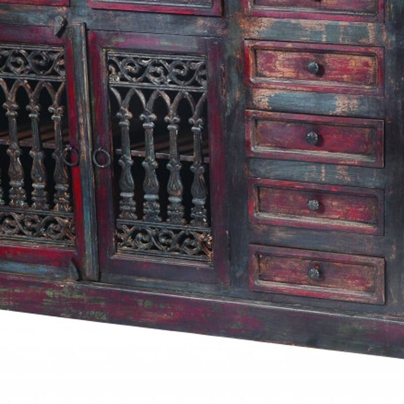 HomeRoots 90" Brown Solid Wood Nine Drawer Buffet Table with Four Doors - 90.00 in. x 44.00 in. x 16.00 in.