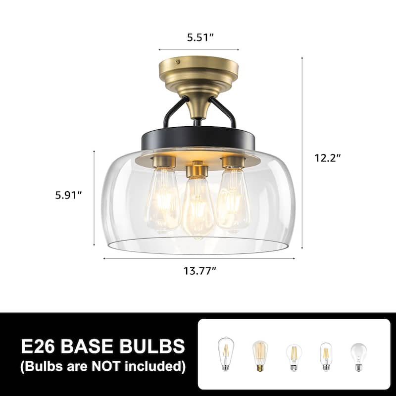 Starsky 3-Light Modern Clear Glass Dome Flush Mount Ceiling Light, Thick One-Piece Drum Shade