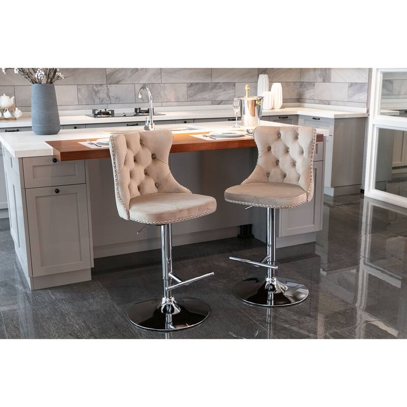 Modern Upholstered Bar Stools with Backs Comfortable Tufted for Home Pub and Kitchen Island Set of 2 - Khaki