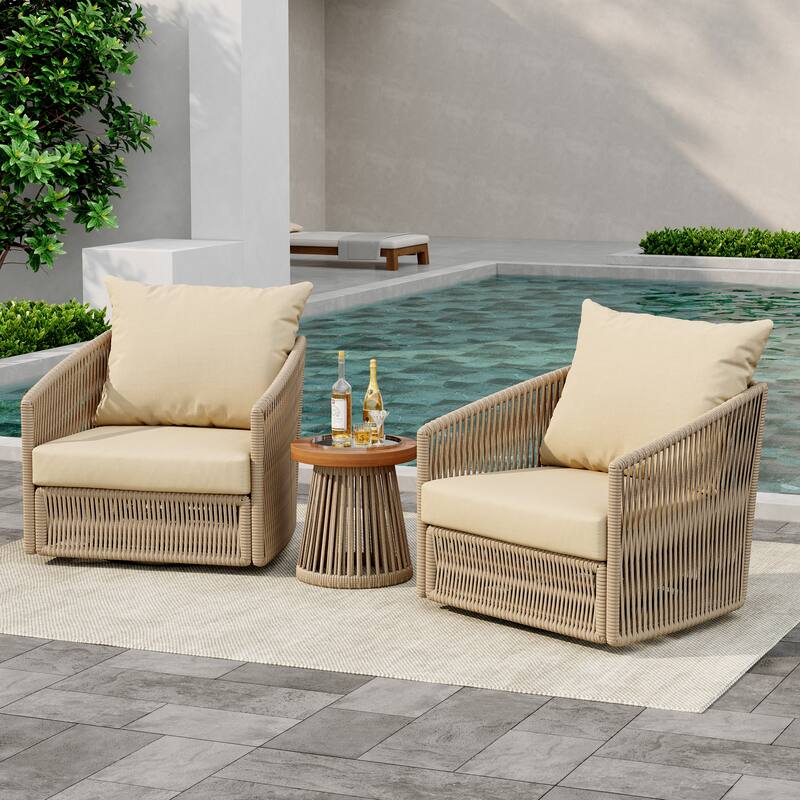 3-Piece Outdoor Swivel Lounge Chair Set Barrel Chairs for Backyard - KHAKI