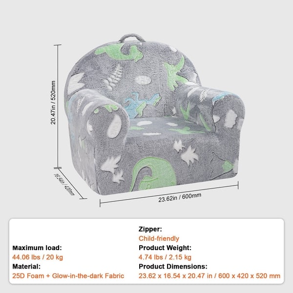 Grey Foam Glow Fabric Kids Couch Sofa Bed with Removable Cover - 23.62” L x 16.54” W x 20.47” H