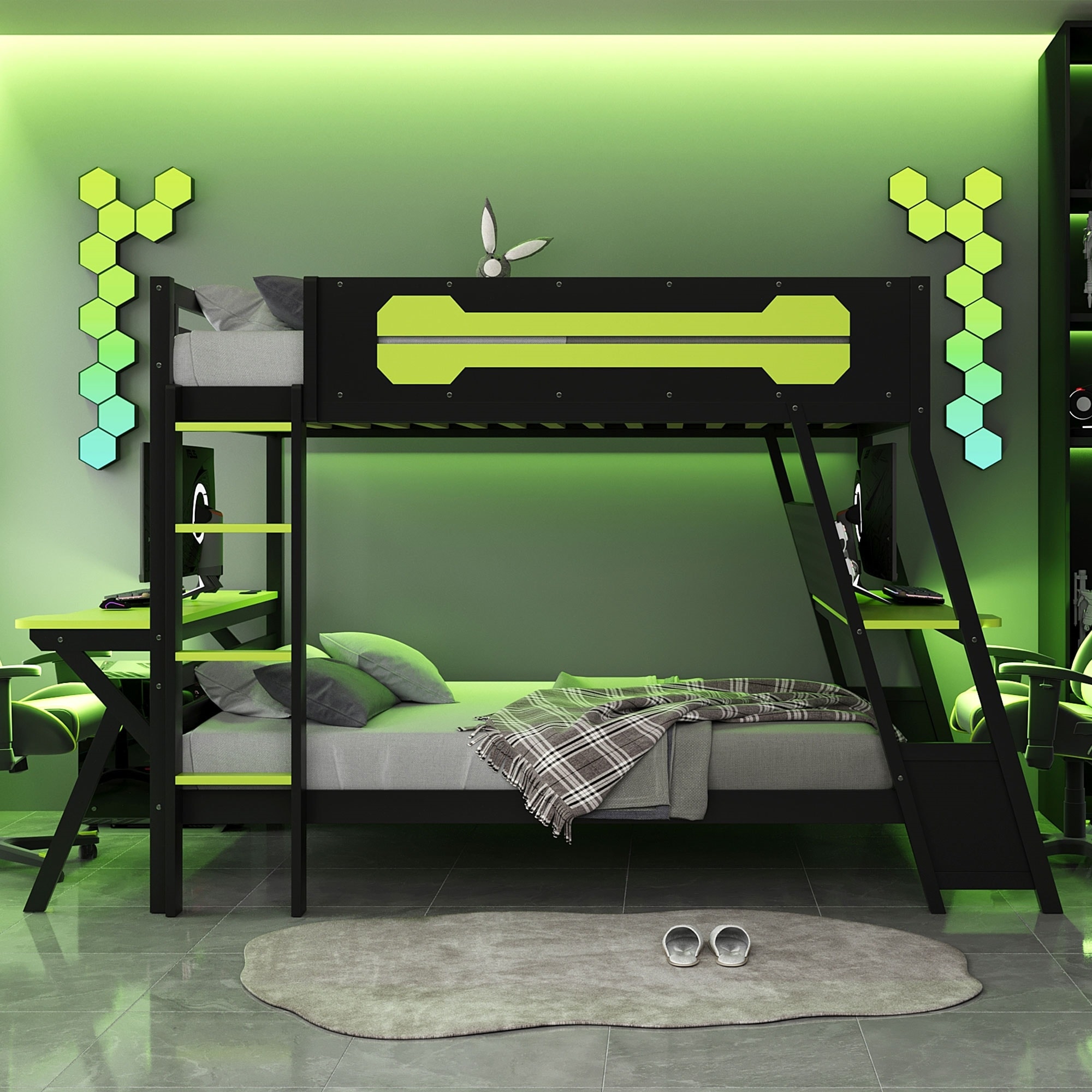 Roomfitters Full Size Bunk Bed with Two Built-In Gaming Desks, USB Ports and Pegboard
