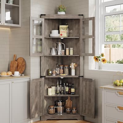 67" Tall Corner Storage Cabinet with Lights, Farmhouse Corner Hutch Display Cabinet with Glass Doors