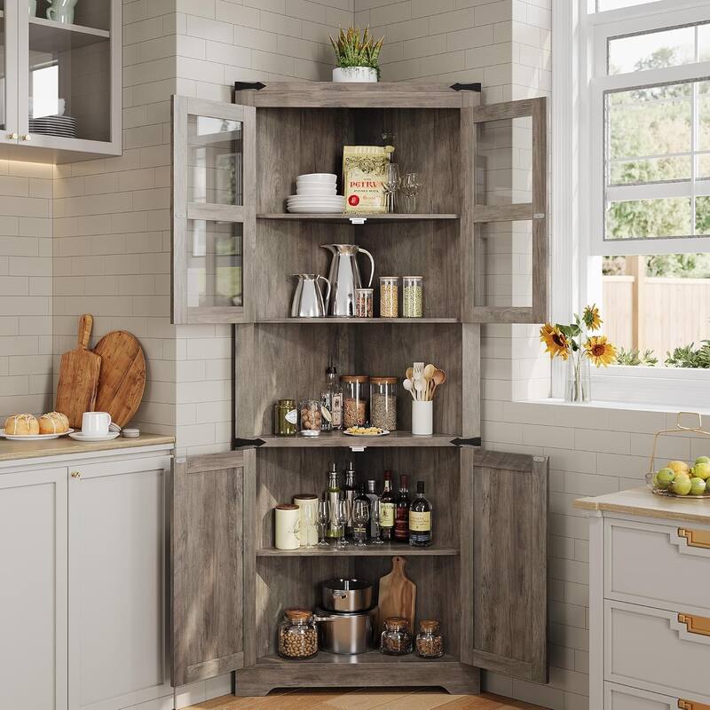 Tall Farmhouse Corner Cabinet with Glass Door & Adjustable Shelves, Space-Saving Storage for Kitchen or Bathroom