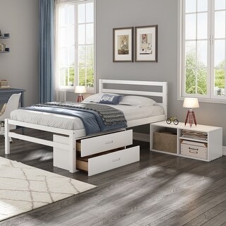 Full Size Wood Platform Bed with Removable Shelves, 2-Storage Drawers, White
