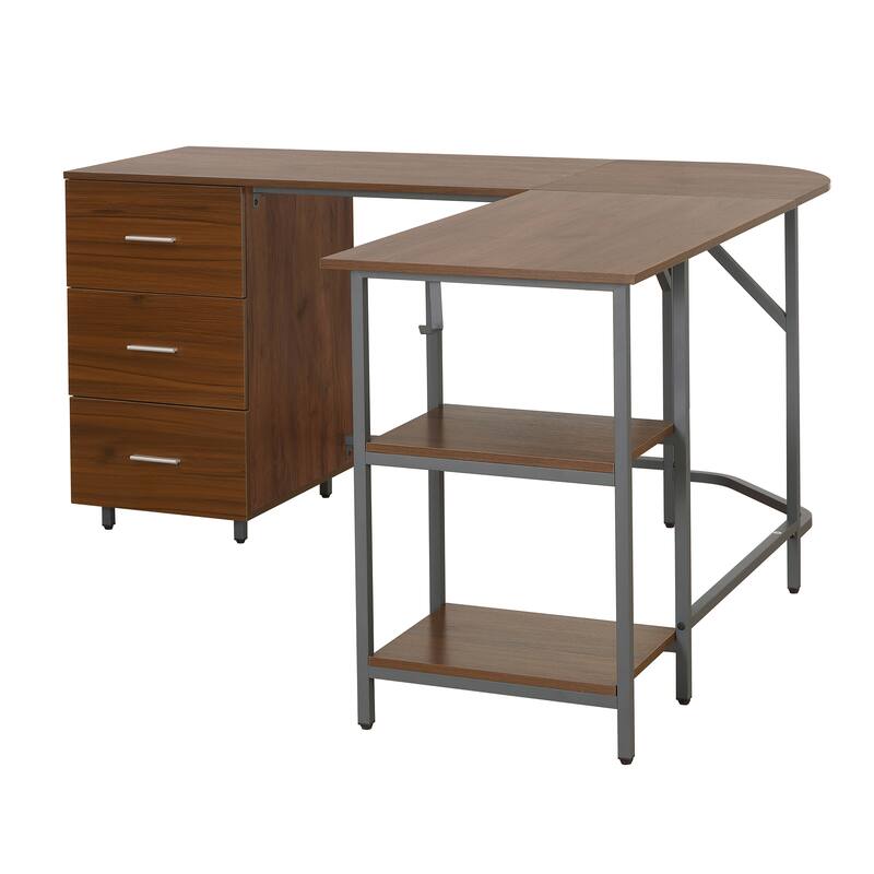 L-Shape Home Office Two Tone Desk with Storage, Walnut