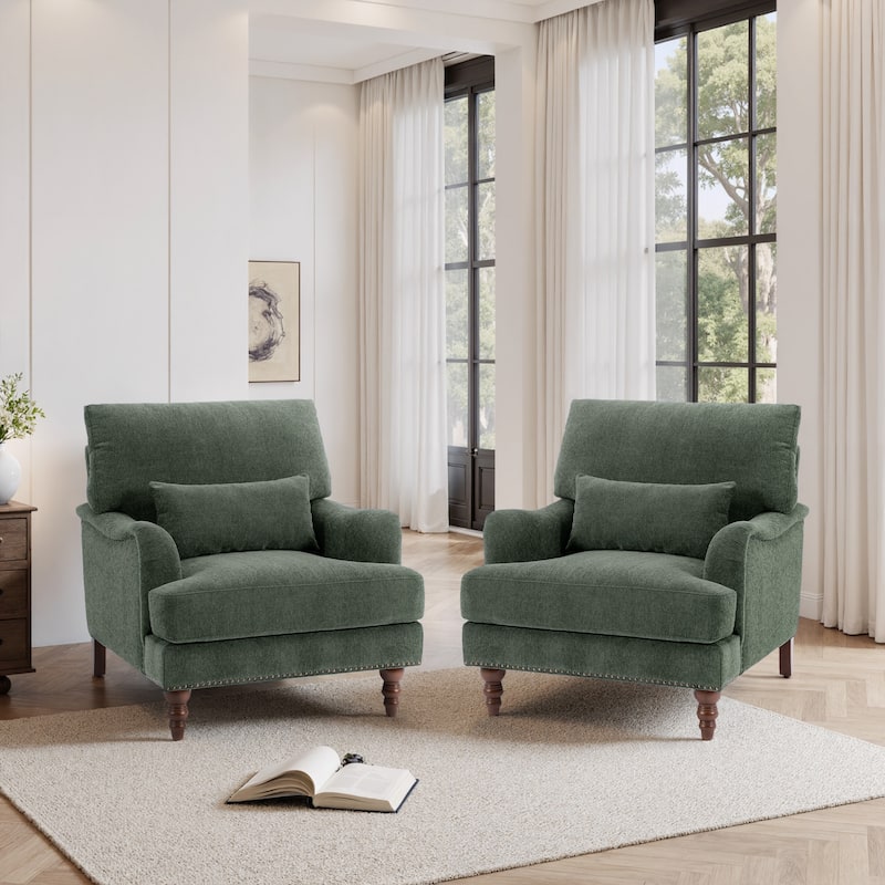 Set of 2 Mid Century Chenille Upholstered Accent Chairs - Chenille - Green