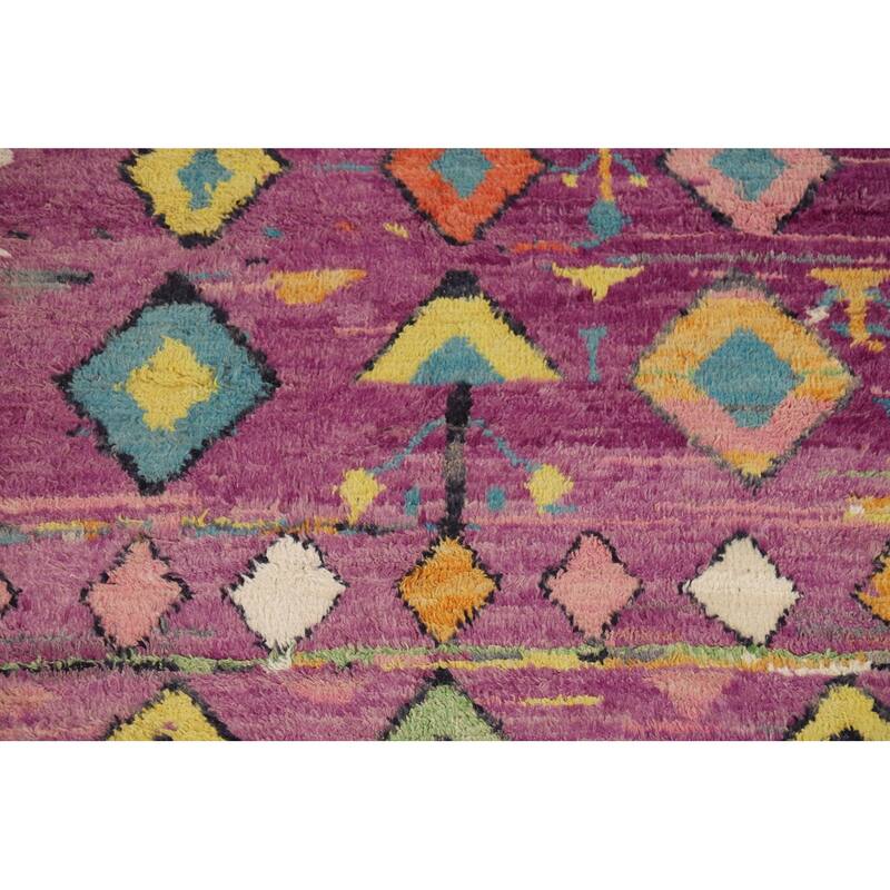 Purple Geometric Plush Moroccan Area Rug Handmade Wool Carpet - 6'1" x 9'9"