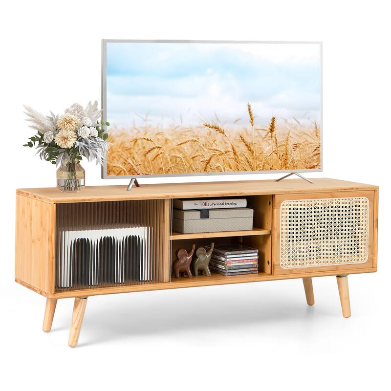 Costway Modern TV Stand Entertainment Center Media Console with Rattan - Natural
