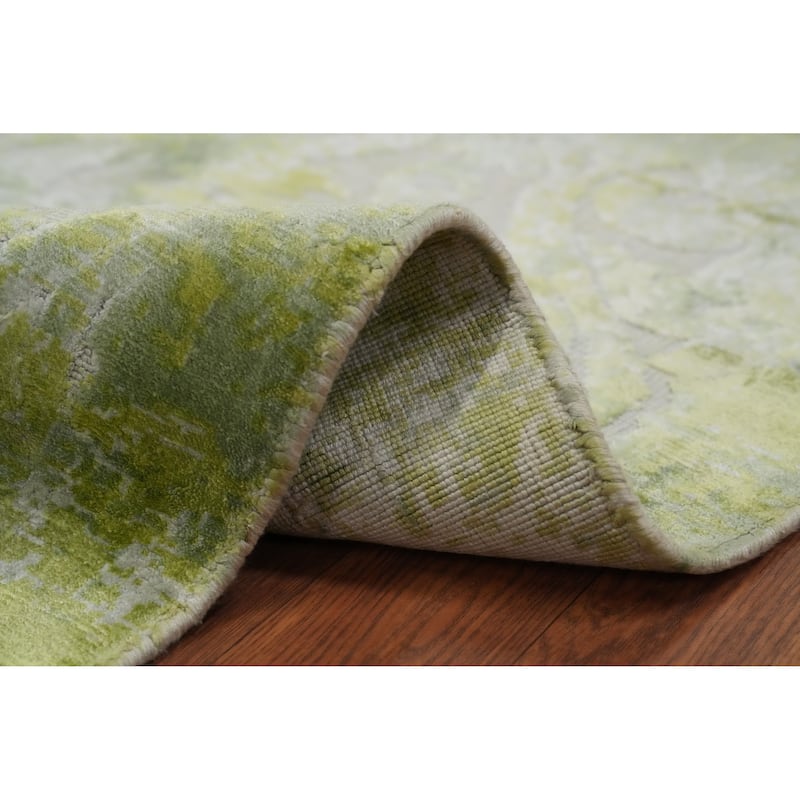 Hand Knotted Oriental Viscose Silk Carpet Modern Floral Green Abstract Area Rug - 6' 3'' X 4' 1''