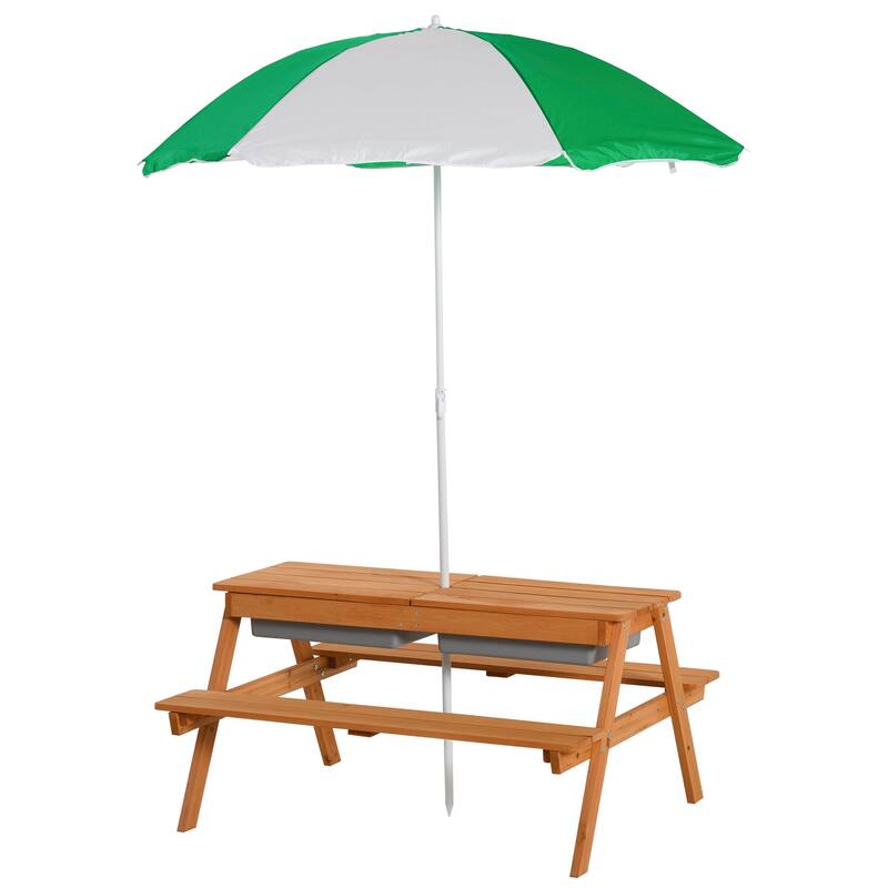 Kids Picnic Table with Umbrella and Storage Inside, Sand and Water Table, Kids Outdoor Furniture, Wooden Bench Backyard