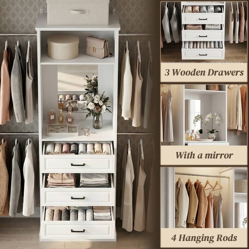 90'' W Closet System with Extendable Hanging Rods & Mirror,Walk-in Closet Organizer System Starter Kit with Drawers