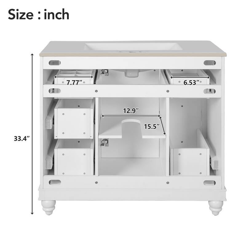36" Modern Bathroom Vanity with Ceramic Sink - 4 Drawers & 1 Door, Adjustable Shelf - Solid Wood Frame & MDF for Bathroom