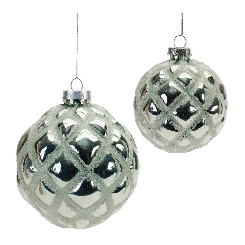 Beaded Harlequin Pattern Glass Christmas Ball Ornaments - 4" (100mm) - Green - 6ct