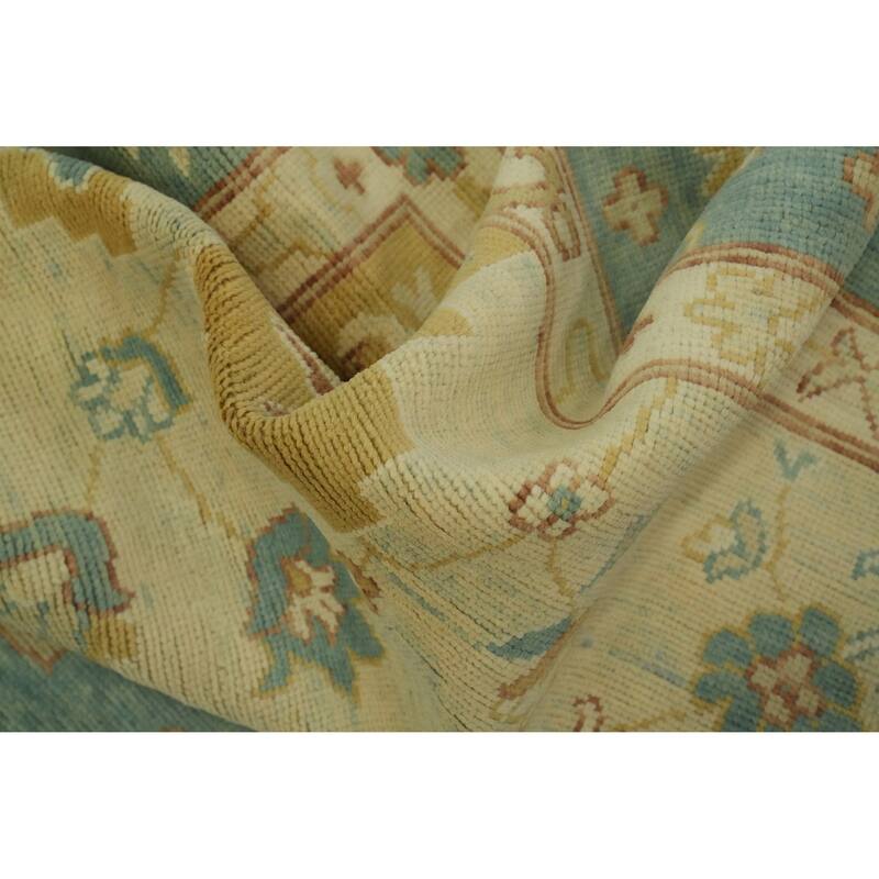 Vegetable Dye Blue Oushak Turkish Area Rug, Floral Geometric Carpet - 11' 10'' X 9' 0''