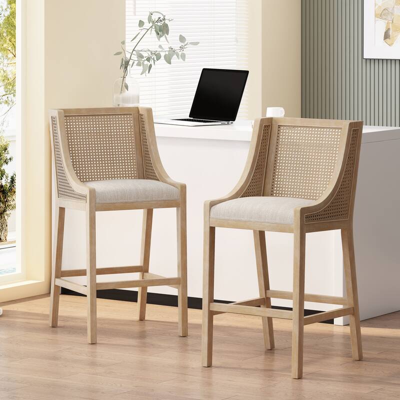 French Country Breck Upholstered Barstools with Cane Backrest (Set of 2) - 30-inch Seat Height by Christopher Knight Home - Beige/ Natural