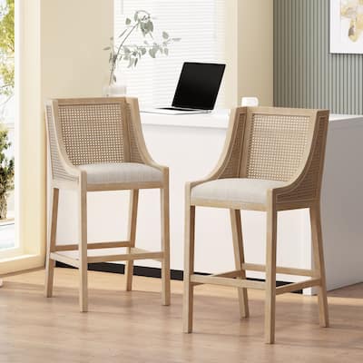 French Country Breck Upholstered Barstools with Cane Backrest (Set of 2) - 30-inch Seat Height by Christopher Knight Home